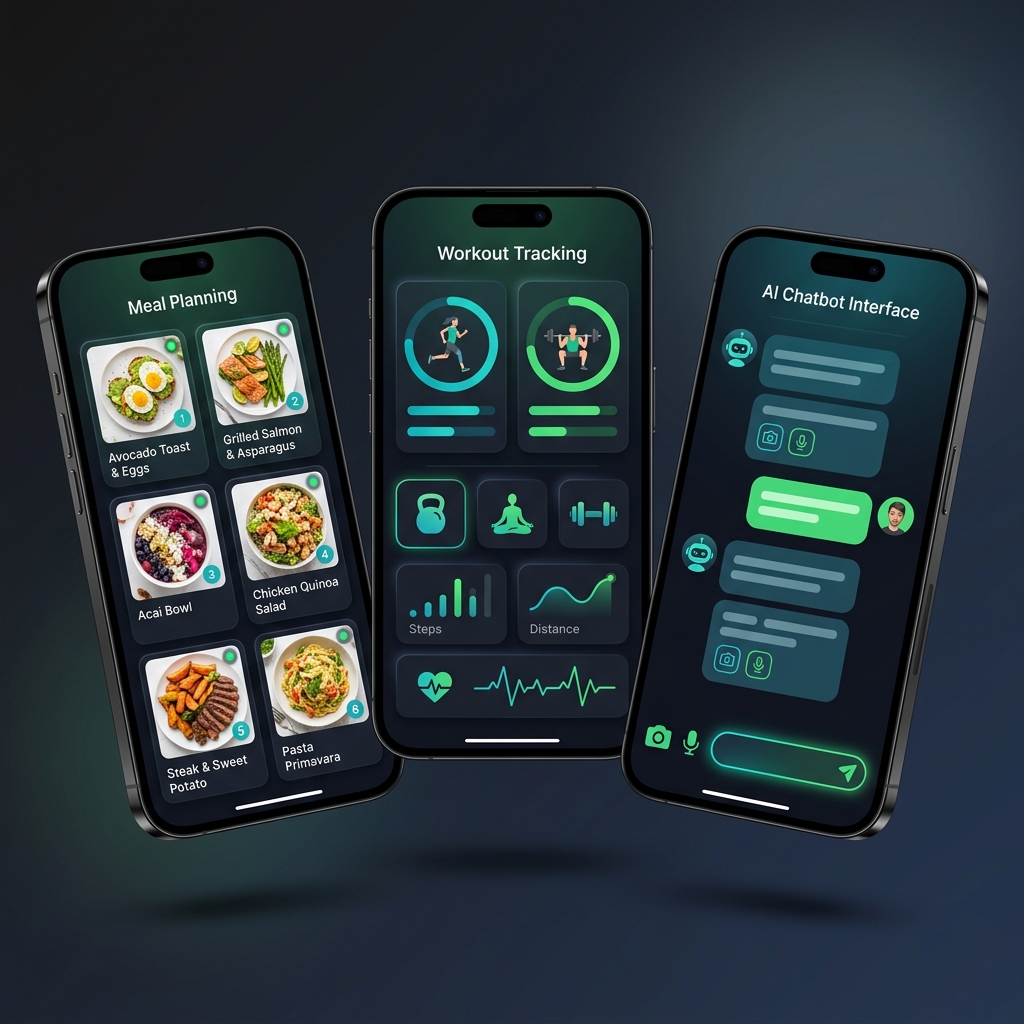 Telas do SlimFit AI mostrando planejamento de refeições, rastreamento de treinos e chatbot de IA